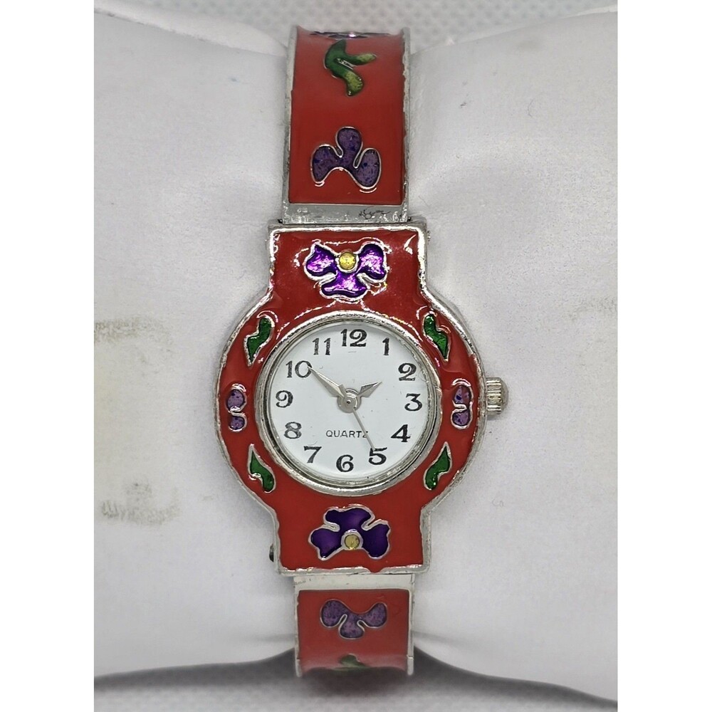 Women's Trendy Round Floral Red Silver Tone Cuff Bracelet Watch 13 - Picture 5 of 8